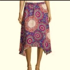 Laundry Shelli Segal ‎ Blue Red Floral Asymmetrical Hem Chiffon Skirt Size 4